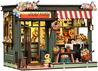 DIY Miniature House Kit for Adults & Teens, Flower Shop Scene Mini House Decor with Touch Switch Light, 3D Wooden Puzzle Gift for Book Lovers & DIY Fans (Aura Verde) by Reenovan