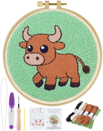 ERKOON Punch Needle Kit Beginners Adults, Zodiac Easy Embroidery Set for Starter Art Craft, Needling Punching Project with Patterns, Tools, Yarns, Hoop, Instruction (Taurus) by ERKOON