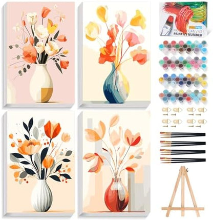 4 Pack Framed Paint by Numbers Kit for Adults with Wooden Easel, 8x12 Inch by Offito