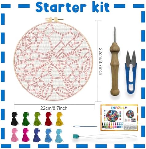 INFUNLY Dragonfly Punch Needle Kits for Adults Beginners Flower Needle Embroidery Starter Kit Colorful DIY Punch Needles Kit with Instruction Needles Fabric for Art Crafts Festival Gift Home Decor - Image 2