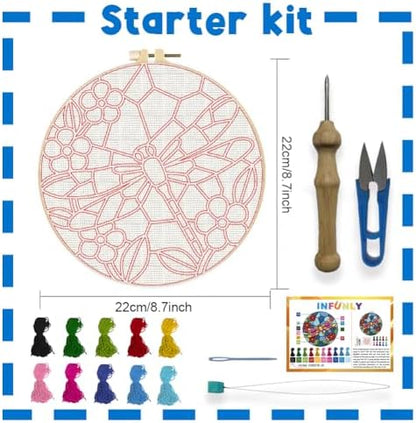 INFUNLY Dragonfly Punch Needle Kits for Adults Beginners Flower Needle Embroidery Starter Kit Colorful DIY Punch Needles Kit with Instruction Needles Fabric for Art Crafts Festival Gift Home Decor - Image 2