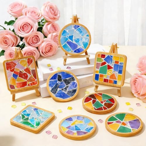 GHAHILI 4 Sets DIY Mosaic Kits for Adults Glass Mosaic Tiles for Crafts with Wooden Coasters for Women Mixed Color Mosaic Kit Craft Coaster Project Handmade Making Kit Set for Home Decor Gifts - Image 6