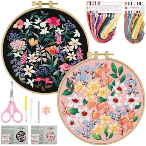 ERKOON Embroidery Kit for Beginners Adult, 2 Set Floral Cross Stitch Set Include Embroidery Cloth Hoops Threads for Craft Lover Hand Stitch with Embroidery Skill Techniques (Flower) by ERKOON