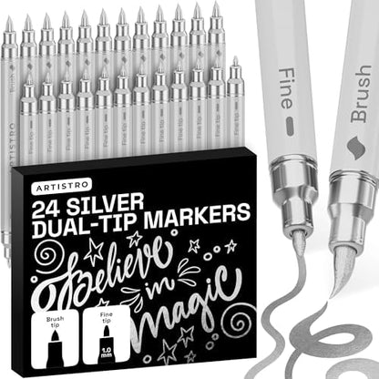 ARTISTRO 24 Silver Dual-Tip Acrylic Paint Marker Pens for Drawing by ARTISTRO