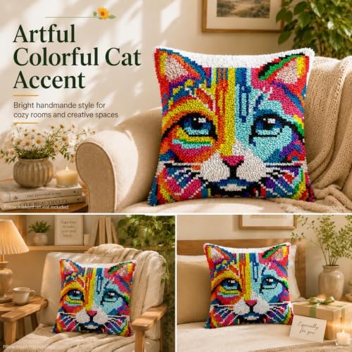 Colorful Cat Latch Hook Pillow Kits for Adults Beginner, Pre-printed Canvas - Image 2