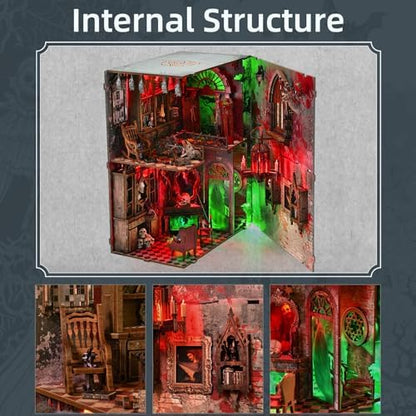 fifijoy Haunted Horror Book Nook Kit, DIY Miniature Dollhouse Halloween Booknook Kit, Spooky Creepy Scary 3D Wooden Puzzle Bookend Bookshelf Insert Decor with LED Light (Haunted Mansion) - Image 4