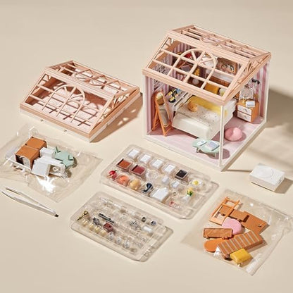 DIY Miniature Bedroom Kit, 82Pcs Cozy Dollhouse Room with LED Light - Image 6
