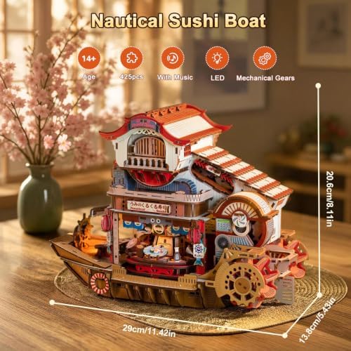 DIY Miniature House Kit, Japanese Dollhouse 3D Wooden Puzzles for Adults with Music & LED Lights, 425PCS Sushi Boat Mechanical Moving Model, Home Decor Building Craft Birthday - Image 2