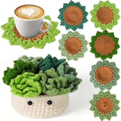 LOMOHOO Crochet Kit for Beginners, 6PCS Crochet Coasters Kit, Flower Potted Plant Crochet Kit with Crochet Hook, Colorful Yarn, Stitch Marker, Instruction, Craft Lover DIY Material Tools(Green) by LOMOHOO