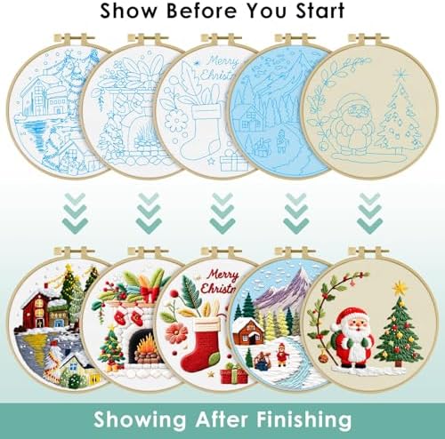 ERKOON Embroidery Kit for Beginners, 5 Sets Christmas Cross Stitch Set for Adults Include Embroidery Cloth Hoops Threads for Craft Lover Hand Stitch with Skill Techniques (Christmas#1) - Image 4