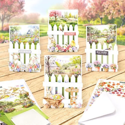Katy Sue Spring Garden Picket Fence Card Making Kit. Contains 8 Shaped Cards, 3 Sheets of Die Cut Decoupage, Adhesive Foam Pads, Background Scenes, Instructions & 8 Envelopes for Card Making Supplies - Image 3
