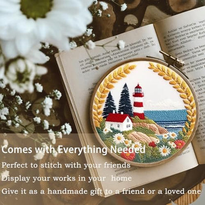 FONNUY Embroidery Kit for Beginners, Lighthouse Landscape Flowers Pre-Stamped Pattern Kits for Adults with Hoop, Easy to Follow Color Thread Needlework, 8'' Hoop (Daisy) - Image 3