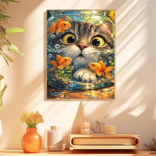Cat Goldfish Paint by Numbers Kit for Adults Framed Canvas, Frameworkless - Image 4