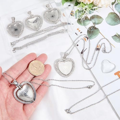 24Pcs 6 Sets Pendant Tray Set Heart Bezel Trays with Glass Cabochons and Chain Shiny Rhinestone Double Sided Rotatable Charm for Jewelry Making Supplies DIY Necklace Birthday Gift Adults - Image 3