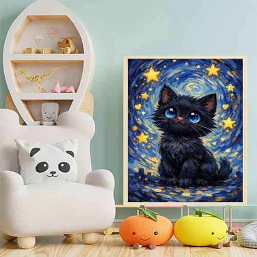 xackcme Cat Paint by Numbers for Adults - Starry Sky Paint by Number on Canvas Without Frame, DIY Black Cat Oil Painting for Gift Home Wall Decor (16x20 inch) - Image 5
