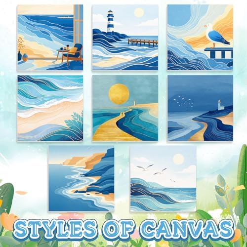Nezyo 8 Sets 8 x 8 Inch Paint by Numbers Kit for Adult Beginners with Wooden Easels Acrylic Paint by Number Landscape Paintings Kits for DIY Party Home Decor Gift(Blue Ocean) - Image 2