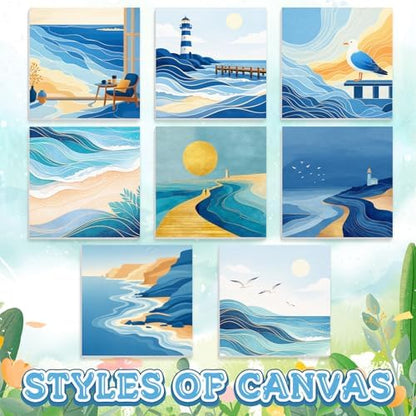 Nezyo 8 Sets 8 x 8 Inch Paint by Numbers Kit for Adult Beginners with Wooden Easels Acrylic Paint by Number Landscape Paintings Kits for DIY Party Home Decor Gift(Blue Ocean) - Image 2