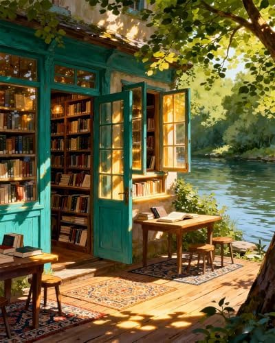 MIRCVSH DIY Bookstore Paint by Numbers Kit for Adults,Riverside Scenery Painting by Number Kits for Adult Beginners,Watercolor Oil Painting Kit for Home Decor Gifts 16x20 Inch. by MIRCVSH