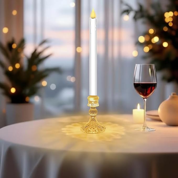 Flameless LED Taper Candles Wish Illuminated Holder - Glass Candle Holder, Remote Timer 2AA Battery Operated 500+ Hours for Thanksgiving/Xmas Decor, Wedding Centerpiece (White, 2 Pack)
