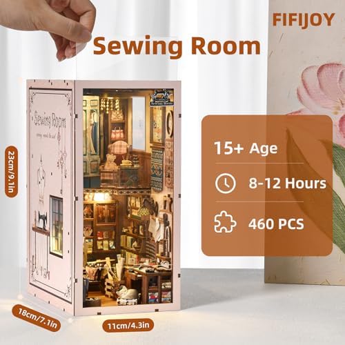 fifijoy Book Nook Kit, LED 3D Wooden Puzzle with Dust Cover, 460 Wooden Pieces, DIY Bookshelf Insert Decor Gifts for Book Lovers (Sewing Room) - Image 2