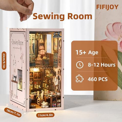 fifijoy Book Nook Kit, LED 3D Wooden Puzzle with Dust Cover, 460 Wooden Pieces, DIY Bookshelf Insert Decor Gifts for Book Lovers (Sewing Room) - Image 2