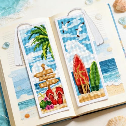 INFUNLY 6 Pack Cross Stitch Bookmark Kit Beach Scenery Stamped Pre-Printed Embroidery Bookmarks for Adults 8.5" x 3" DIY Set with Instructions, Craft Gift for Book Lovers Writers - Image 5