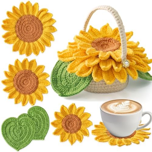 LOMOHOO Crochet Kit for Beginners, 5PCS Crochet Coasters Kit, Sunflower Potted Plant Crochet Kit with Crochet Hook, Colorful Yarn, Stitch Marker, Instruction, Craft Lover DIY Material Tools(Sunflower) by LOMOHOO