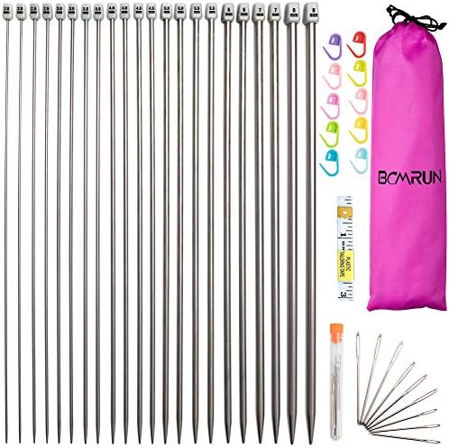 BCMRUN Knitting Needle Set, 22PCS 2mm(B)-8mm(L) Straight Single Pointed Stainless Steel Sweater Needles Set(11Pair-11 Size,9.8 inch) with Locking Stitch Makers Large-Eye Needles Measure Tape (36CM) by BCMRUN