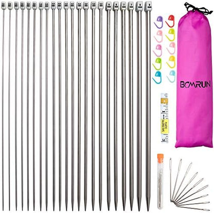 BCMRUN Knitting Needle Set, 22PCS 2mm(B)-8mm(L) Straight Single Pointed Stainless Steel Sweater Needles Set(11Pair-11 Size,9.8 inch) with Locking Stitch Makers Large-Eye Needles Measure Tape (36CM) by BCMRUN