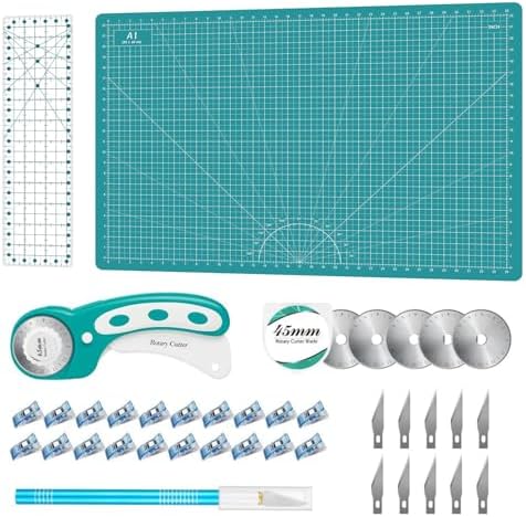 Rotary Cutter Set - Quilting Kit incl. 45mm Fabric Cutter, 5 Replacement Blades, A1 Cutting Mat, Acrylic Quilting Ruler and Sewing Clips, Craft Knife Set, Ideal for Crafting, Sewing, Patchworking by HeadleyTools