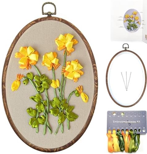 FONNUY Ribbon Embroidery 3D Flowers Pattern Design Kit Embroidery DIY Handwork Set Oval Home Decoration (Yellow Begonia) by FONNUY