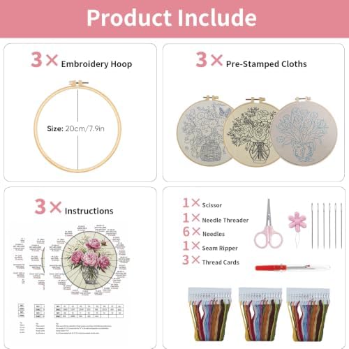 LYMIGER 3 Packs Embroidery Kit for Adults, Embroidery for Beginners (Vase) - Image 7