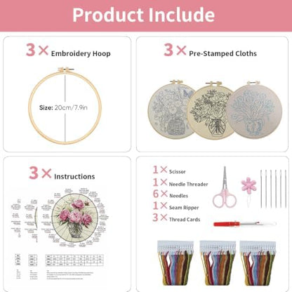 LYMIGER 3 Packs Embroidery Kit for Adults, Embroidery for Beginners (Vase) - Image 7