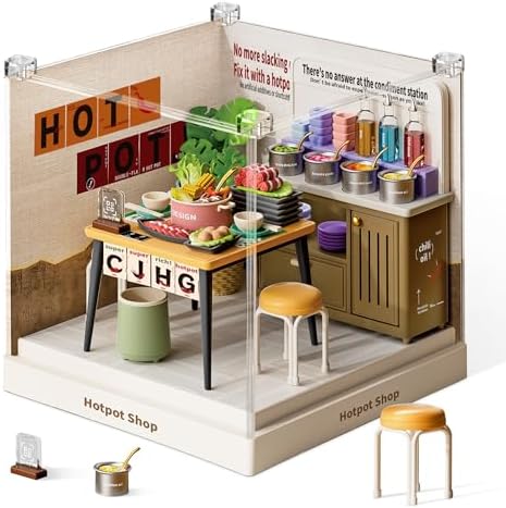 Hotpot Shop Miniature House Kit, Plastic DIY Dollhouse with Hot Pot Table & Sauce Station, Stackable Transparent Dust Cover, Creative Desktop Decor for Adults Teens by BeepZipp