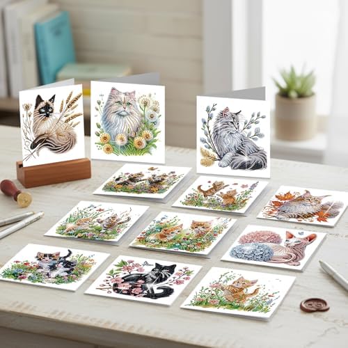 jinglinhh 12pcs Sphynx Cat Diamond Art Painting Kitten in the Flower Garden Greeting Cards with Envelopes, DIY Card Making Kits for Adults, Diamond Art Christmas Birthday Holiday cards Craft Gifts - Image 5