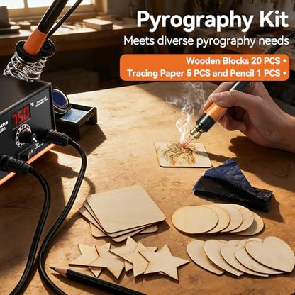 Preciva 935D Wood Burning Kit, Adjustable Temperature Wood Burner Tool with Dual Pens, Dual-Barrel Holder,Digital Display, 20 Interchangeable Wood Burner Tips & 20 Wooden Blocks for Pyrography Art - Image 5