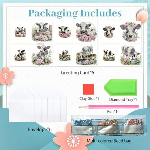 antor 6 Pack DIY Diamond Art Greeting Cards with Envelopes, Special Shaped Rhinestone Diamond Painting Card Kit, Cute Cow Animal Design for Adults Birthday Thank You Greeting - Image 3