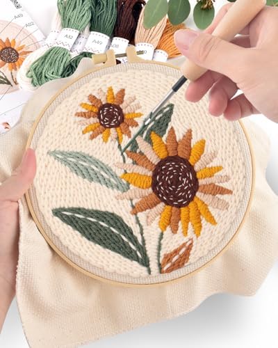 ERKOON Punch Needle Kit Beginners Adults, DIY Easy Flower Embroidery Set for Starter Art Craft, Needling Punching Project with Patterns, Tools, Yarns, Hoop, Instruction (Sunflowers) - Image 5
