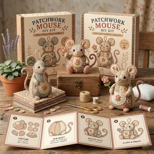 OZSZN Patchwork Mouse DIY Kit – Handmade Sewing Craft Set with Buttons & Fabric, Cute Mouse Ornament for Adults Beginners, Creative Animal Craft Project (W) - Image 2
