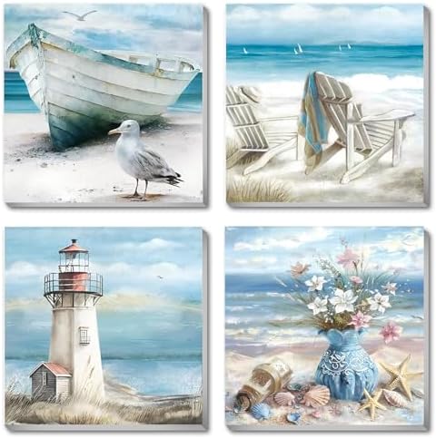 4 Packs Beach Paint by Numbers Kit for Adults Beginners with Frame, DIY Sea Side Adult's Paint by Number on Canvas, Watercolor Oil Painting Numbers Arts and Crafts Kits for Home Wall Decor 8 x 8 Inch by Fotasmua