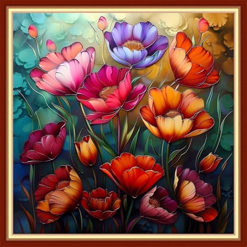 Joyhoor Cross Stitch Kits for Beginners Stamped Cross-Stitch Supplies Needlework preprint Embroidery Kits for Adults DIY Needlepoint Kits Embroidery Patterns 11CT-Colorful Flowers 18x18 inchs by JoyhoorCrossStitchKits