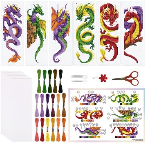 ORIGACH 6 Set Dragon and Loong Cross Stitch Bookmark Kit for Beginner by ORIGACH