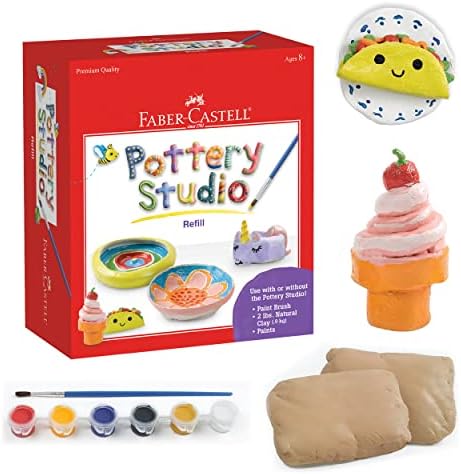 Faber-Castell Pottery Studio Refill Kit - 2 lbs. of Natural Air-Dry Pottery Clay, 6 Paint Pots and Paintbrush, Clay Making Kit for Kids by Faber-Castell