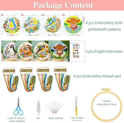Zhenging Animal Cross Stitch Kit – 4 Pre-Printed Designs (Sloth, Bird, Penguin, Calf) with 11CT 9.45x9.45 Inch Fabric, Hoop, Scissors, Threader & Tools for Beginners & Adults - Image 5