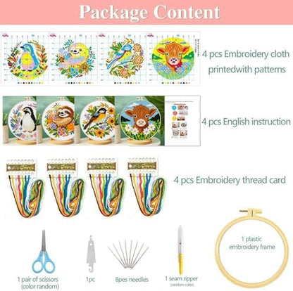 Zhenging Animal Cross Stitch Kit – 4 Pre-Printed Designs (Sloth, Bird, Penguin, Calf) with 11CT 9.45x9.45 Inch Fabric, Hoop, Scissors, Threader & Tools for Beginners & Adults - Image 5