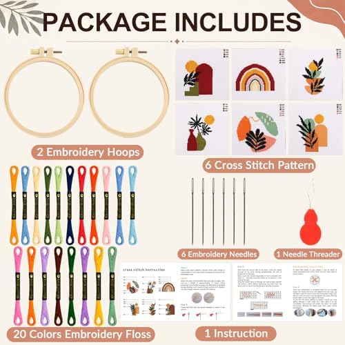 ZOIIWA 6PCS Boho Embroidery Kit for Beginners Adults Summer Cross Sewing Kits DIY Starter Hand Embroidery Kit with Needlepoint Patterns Hoop Threads Needles Instructions Craft Gift for Home Decor - Image 2