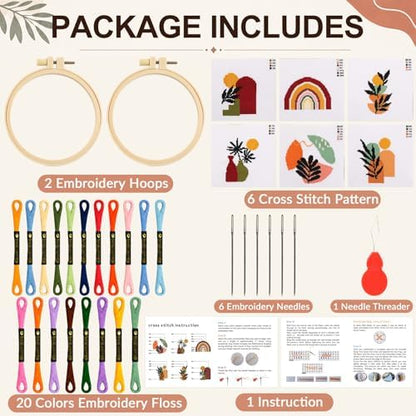 ZOIIWA 6PCS Boho Embroidery Kit for Beginners Adults Summer Cross Sewing Kits DIY Starter Hand Embroidery Kit with Needlepoint Patterns Hoop Threads Needles Instructions Craft Gift for Home Decor - Image 2