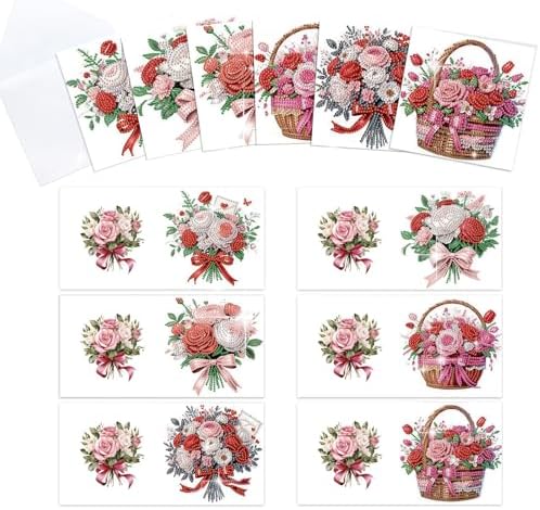 Tontut 6pcs Diamond Painting Kit Greeting Card, Rose Bouquet 5D DIY Diamond Handmade Holiday Greeting Card with Envelope, Christmas Gift Congratulation by Tontut
