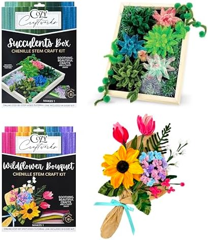 WeVeel Cozy Craftworks Chenille Stem Flower & Succulent Craft Kit for Adults – Create a Wildflower Bouquet and Succulent Box Garden – Relaxing DIY Botanical Arts & Crafts Set by WeVeel