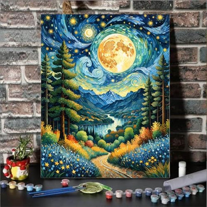 Lovepefe Moon Paint by Numbers Kit for Adults Beginner Landscape Adult Paint by Number Kits On Canvas with Frame DIY Oil Painting Kits for Gift Home Wall Decor 12x16 Inch - Image 2